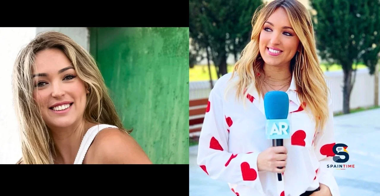 Marta Riesco Wikipedia collage que muestra a Marta Riesco sonriendo en un retrato en primer plano a la izquierda y a Marta Riesco sosteniendo un micrófono de AR durante una cobertura televisiva a la derecha.